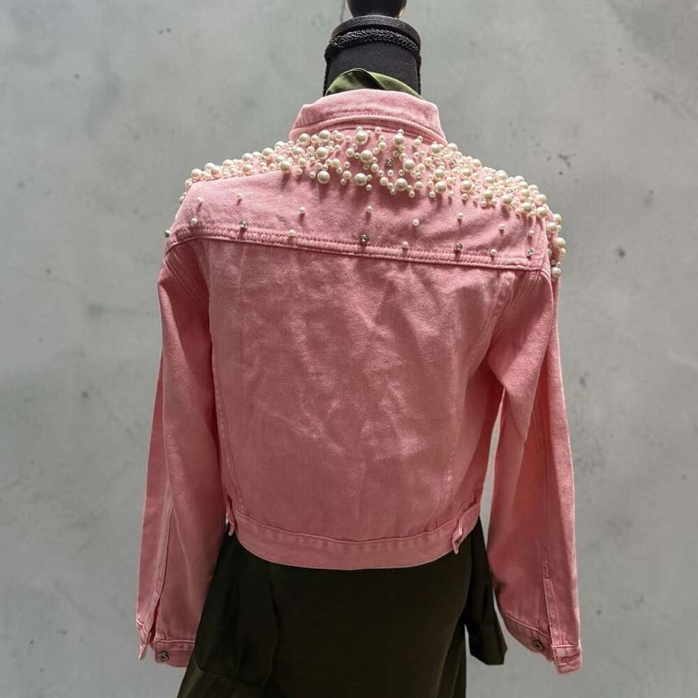 Pink Denim Jacket Rhinestone Pearls - Picture 3 of 8